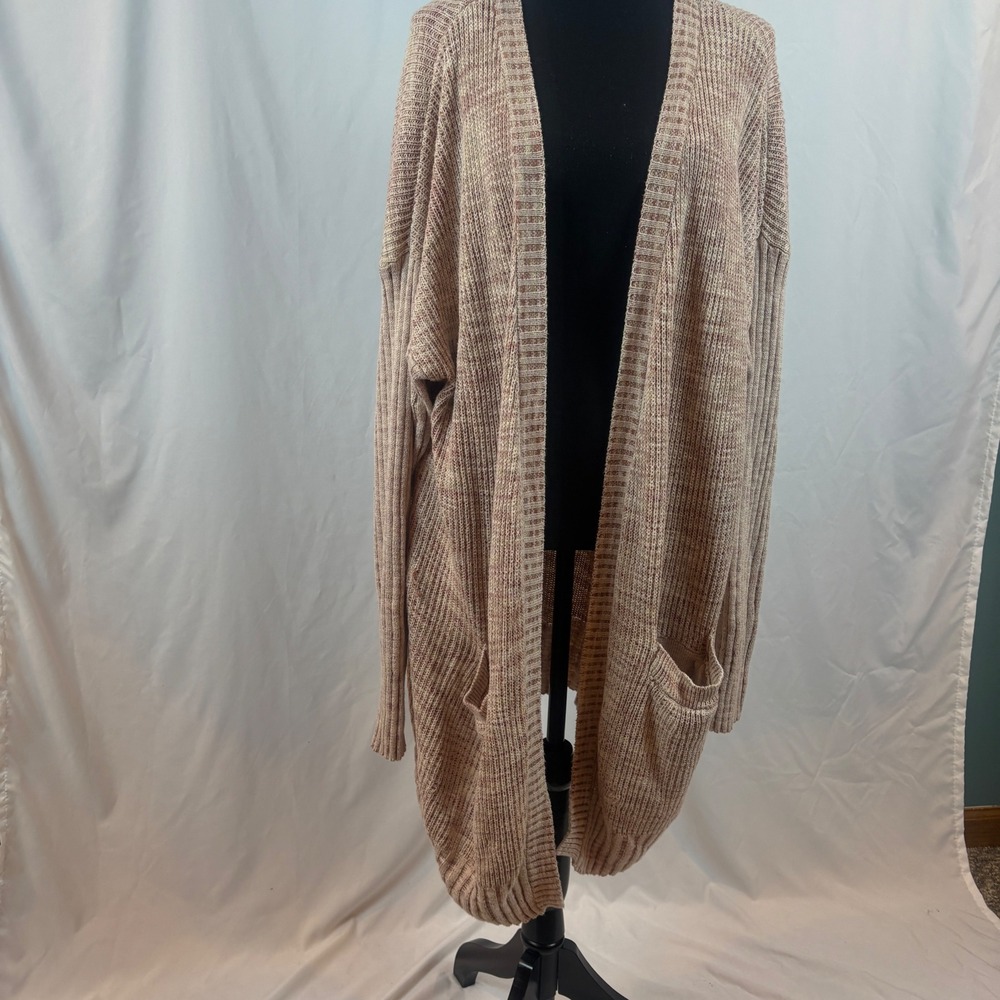Knox Rose Womens XL Open Front Cardigan Sweater Tan Mauve Space Dye Knit Pockets